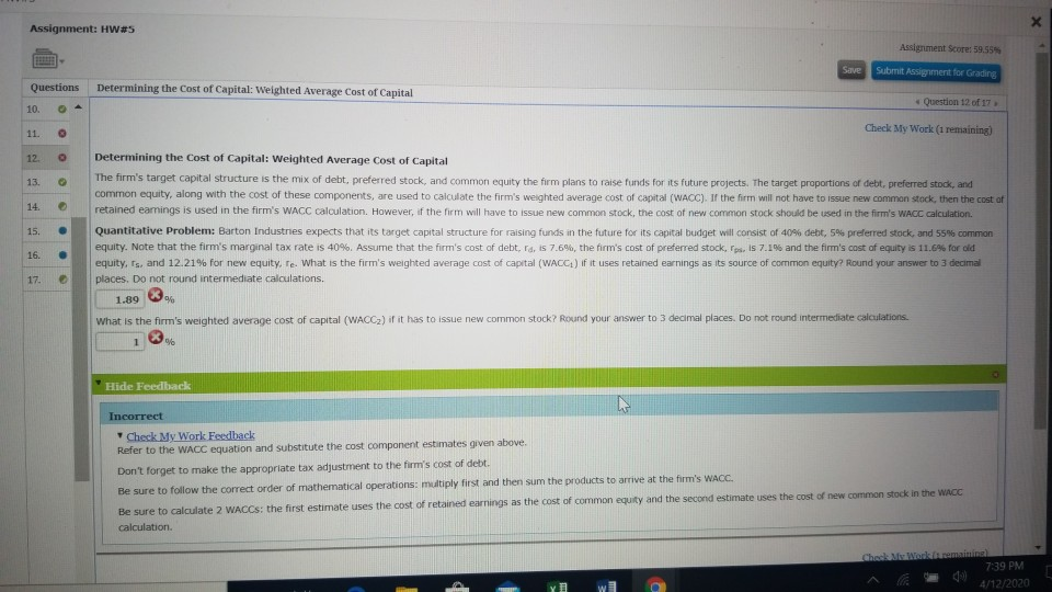  Assignment: HW#5 Assignment Score: 58.55 Save Submit Assignment for Grading Questions