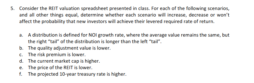  5. Consider the REIT valuation spreadsheet presented in class. For each