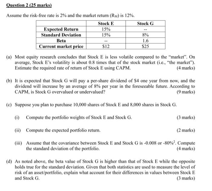 thank u so mush Question 2 (25 marks) Assume the risk-free rate