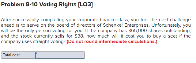  Problem 8-10 Voting Rights [LO3] After successfully completing your corporate finance