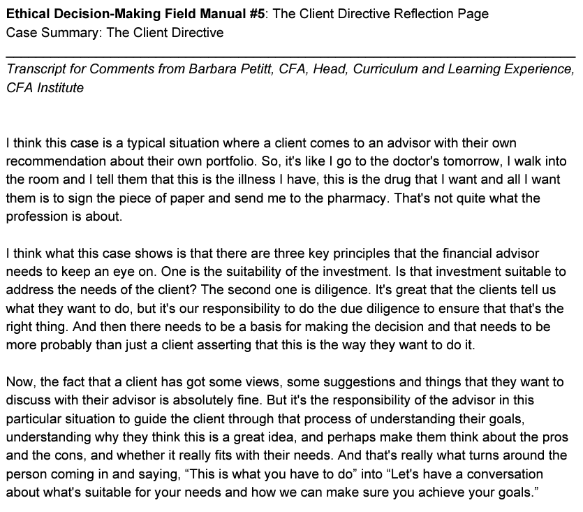  Ethical Decision-Making Field Manual \#5: The Client Directive Reflection Page Case