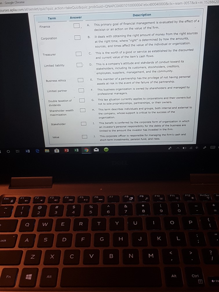 corporate finance on the left with the descriptions of the terms on