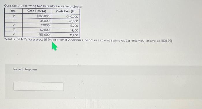  Consider the following two mutually exclusive projects Year Cash Flow (A)