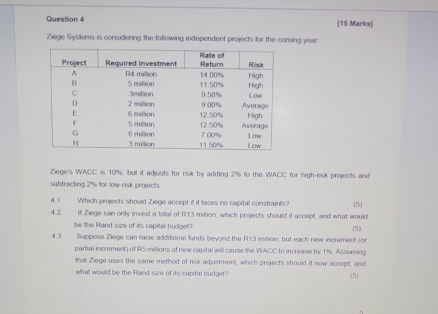  Question 4 [15 Marks] Ziege Systems is considering the following independent