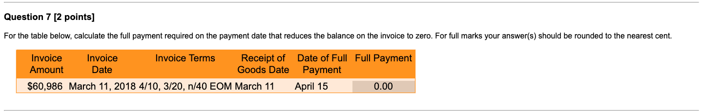  Question 7 [2 points] For the table below, calculate the full