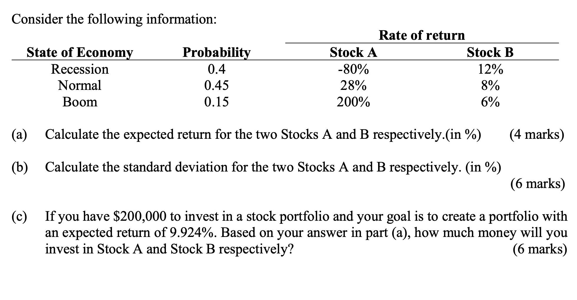  Consider the following information: (a) Calculate the expected return for the