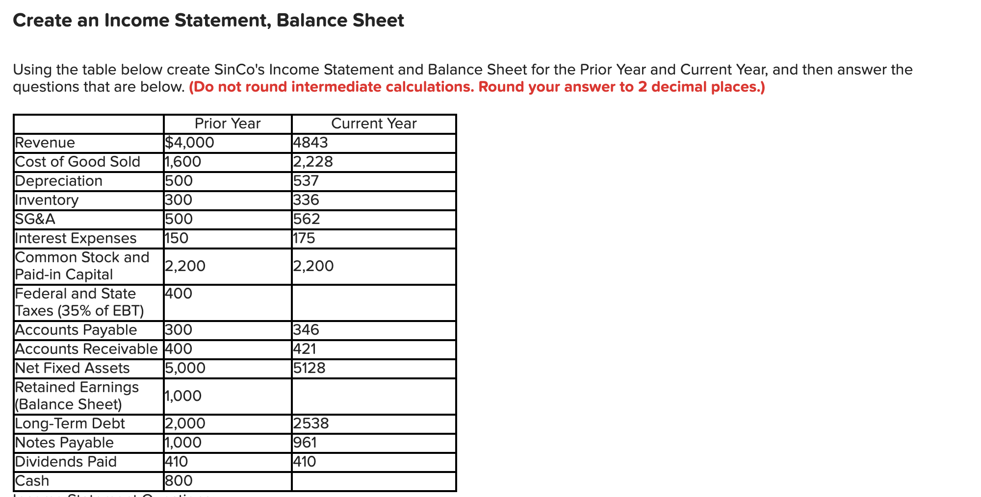  hello Create an Income Statement, Balance Sheet Using the table below