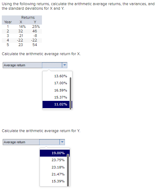 Using the following returns, calculate the arlthmetic average returns, the varlances,