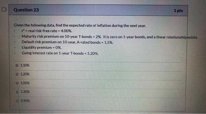  Question 23 1 pts Given the following data, find the expected