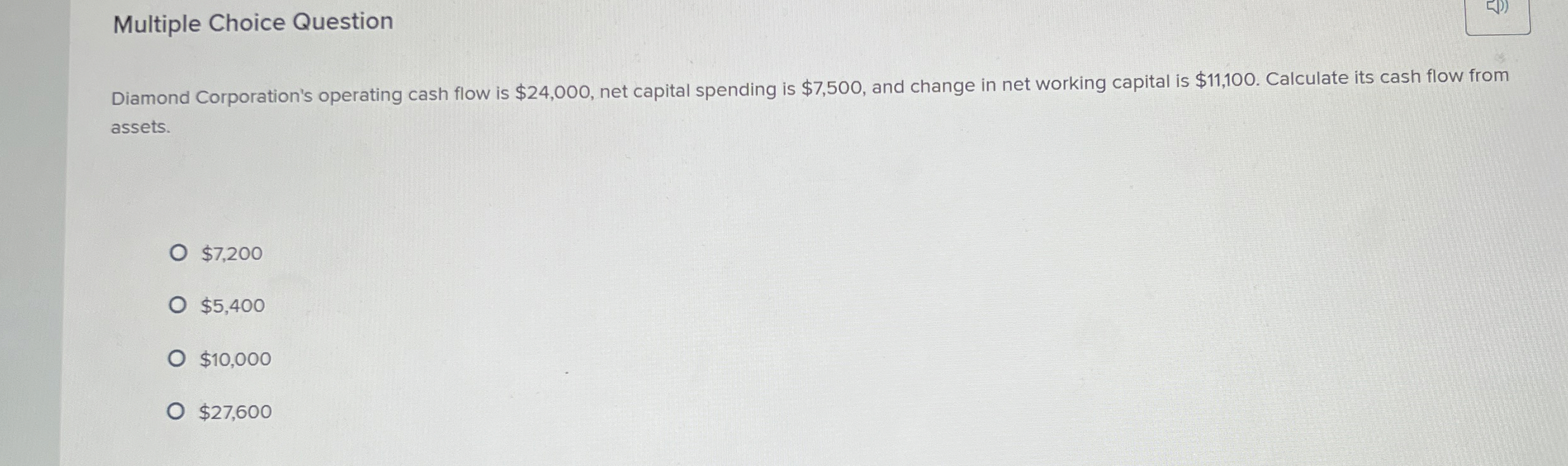  Multiple Choice Question Diamond Corporation's operating cash flow is $24,000, net