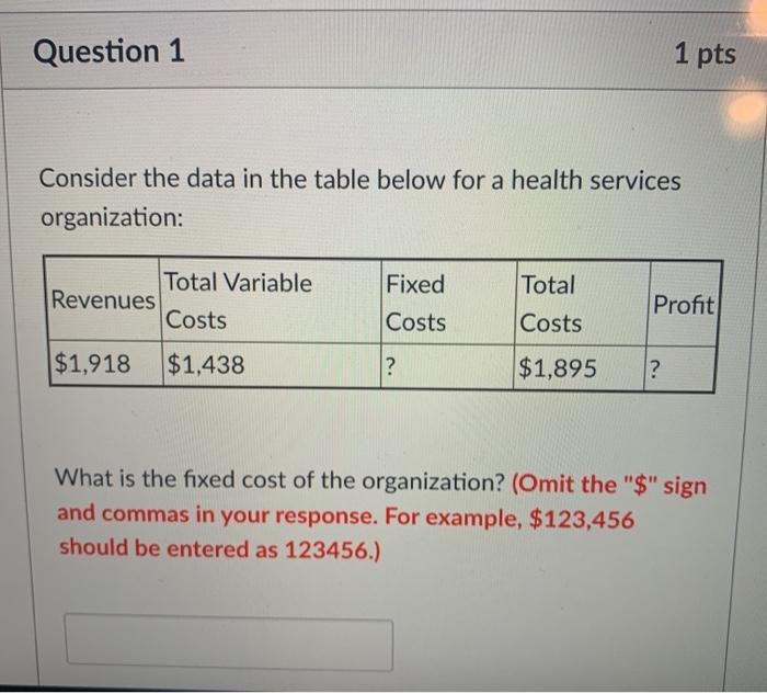  Question 1 1 pts Consider the data in the table below