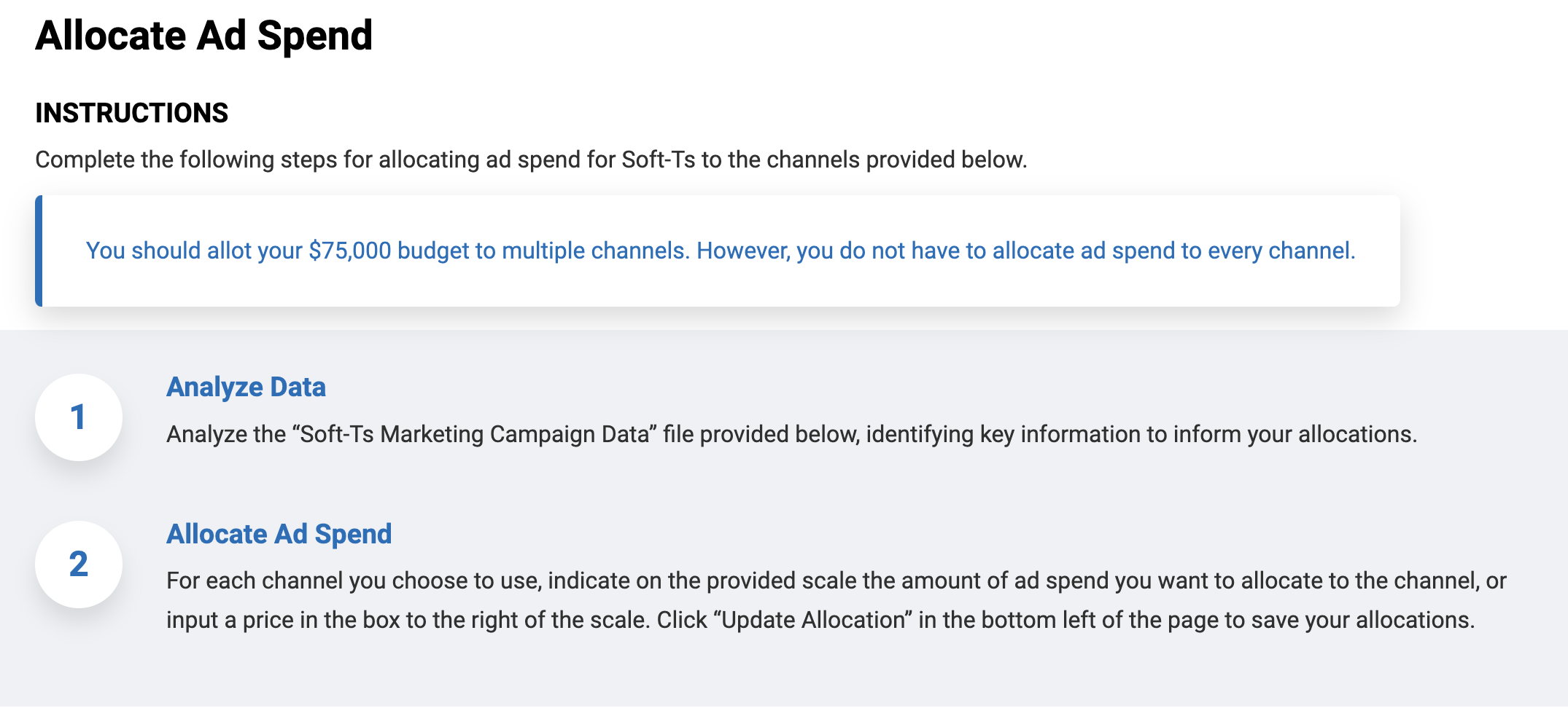 INSTRUCTIONS Complete the following steps for allocating ad spend for Soft-Ts