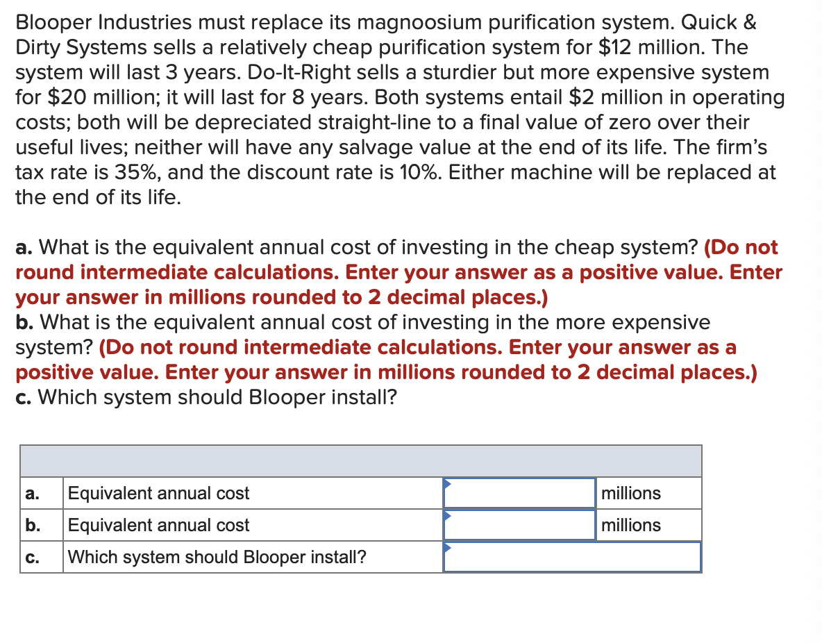  Blooper Industries must replace its magnoosium purification system. Quick & Dirty