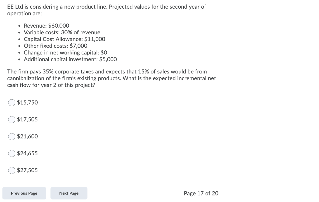  EE Ltd is considering a new product line. Projected values for