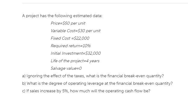  A project has the following estimated data: Price=$50 per unit Variable