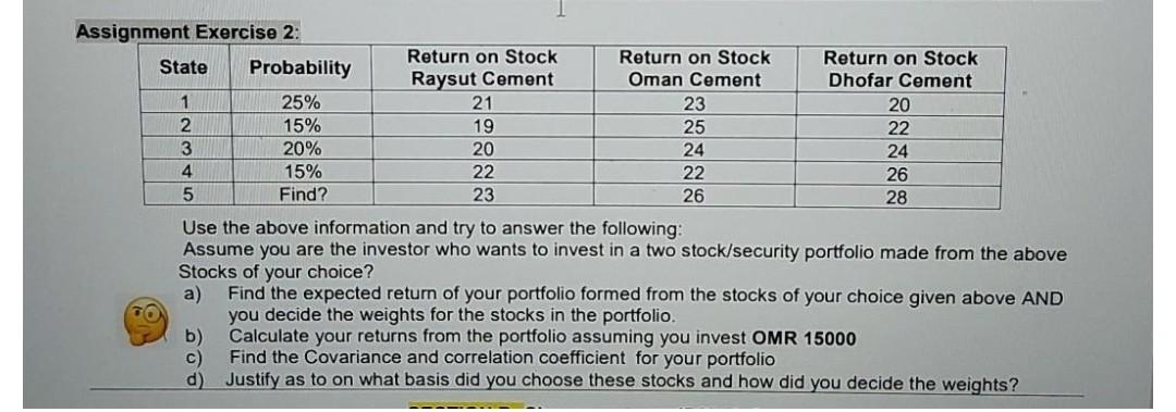 Assignment Exercise 2: Return on Stock State Return on Stock Return