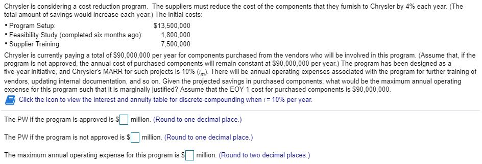  Chrysler is considering a cost reduction program. The suppliers must reduce