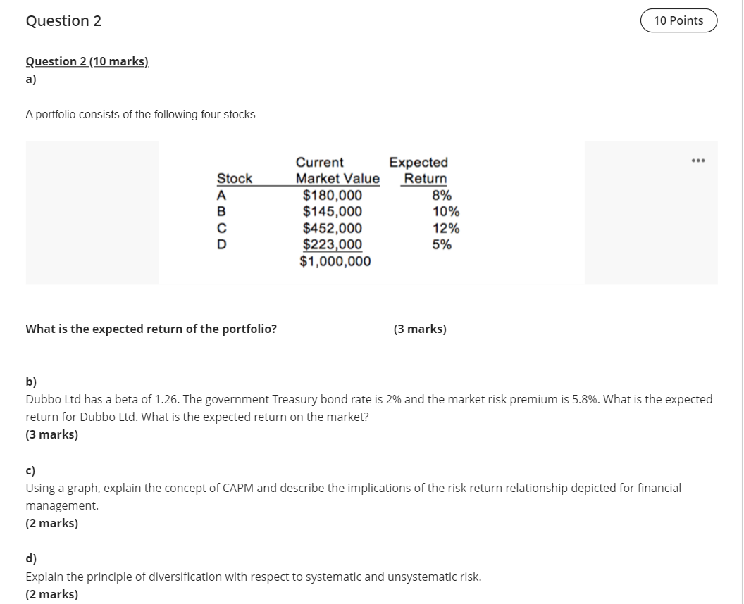  Question 2 10 Points Question 2 (10 marks) a) A portfolio