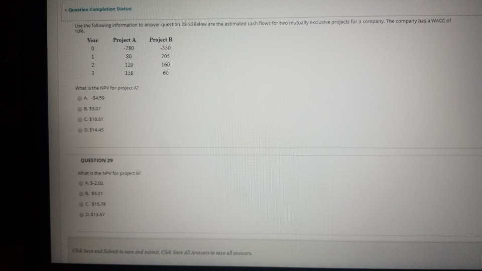 Question 28-32 What is the NPV for project A? Question Completion Status