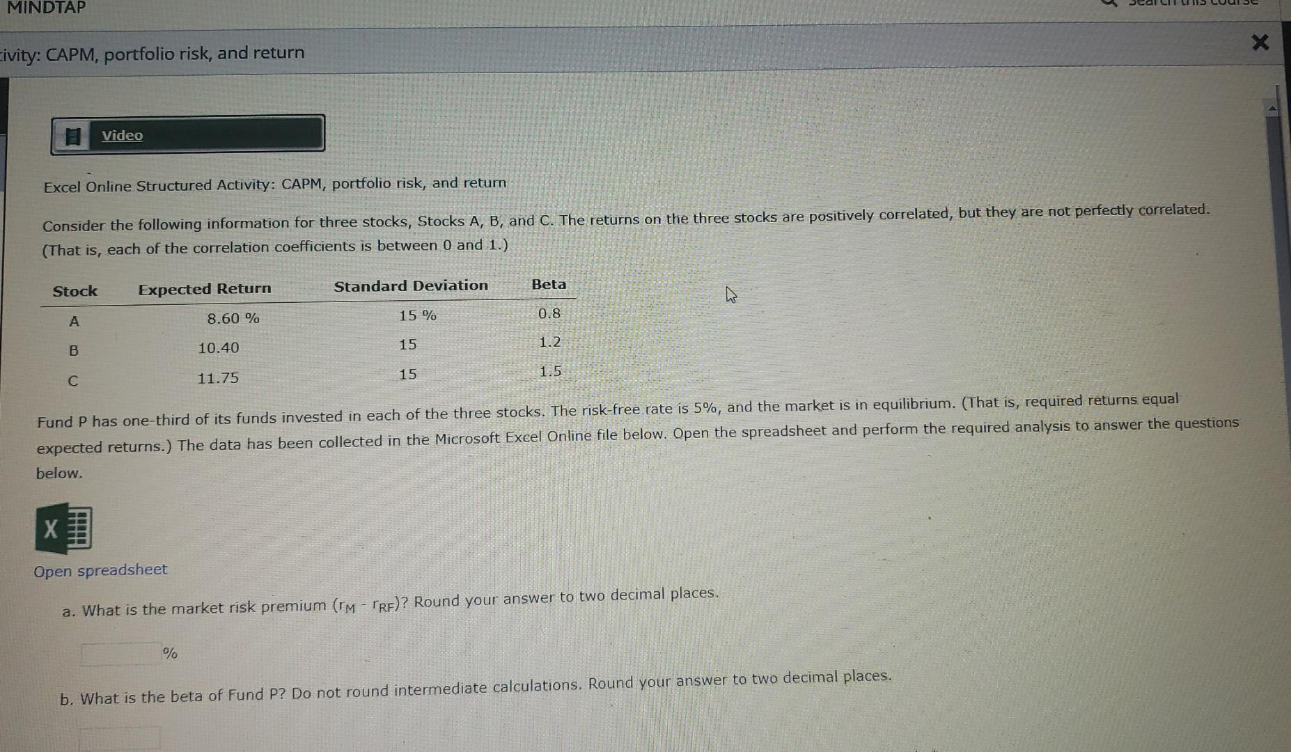 MINDTAP X Eivity: CAPM, portfolio risk, and return Video Excel Online