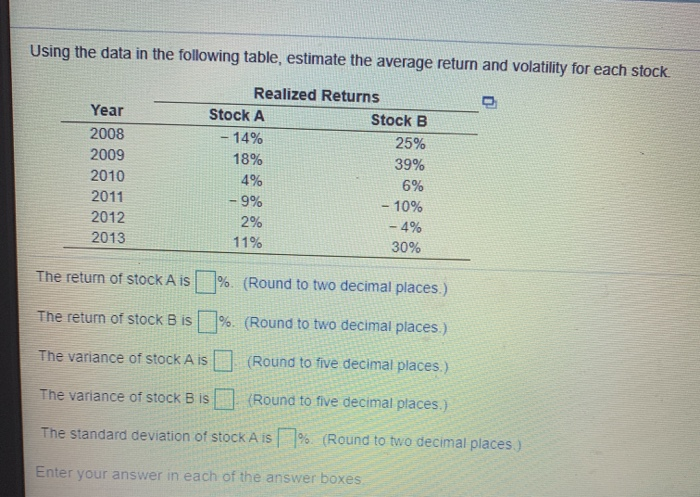  Using the data in the following table, estimate the average return
