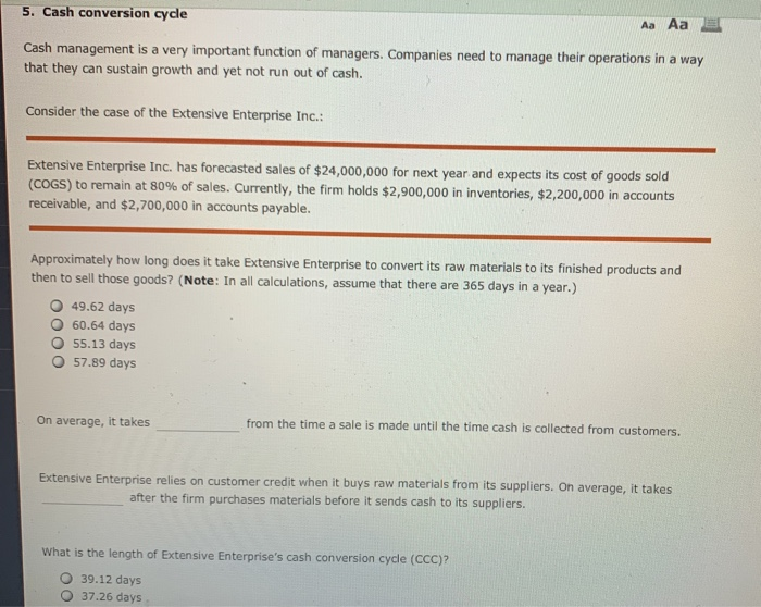  5. Cash conversion cycle Aa Aa E Cash management is a