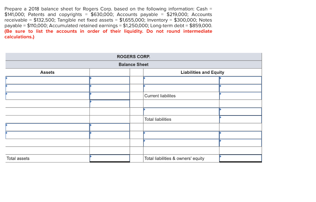 Prepare a 2018 balance sheet for Rogers Corp. based on the