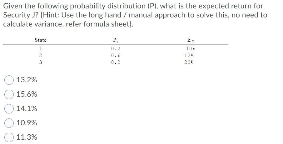 Given the following probability distribution (P), what is the expected return