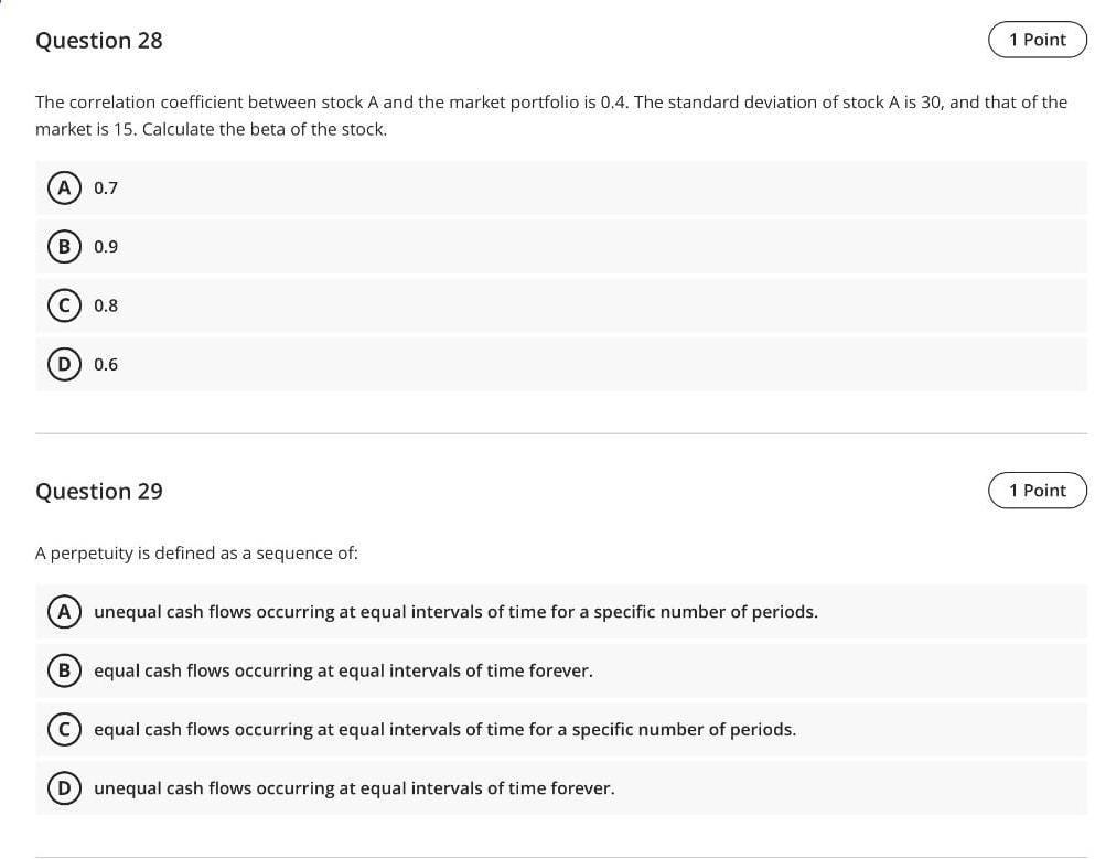  Question 28 1 Point The correlation coefficient between stock A and