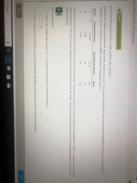  EXEL spreadsheet ity, CAPM, portfolio risk, and return Video Excel Online