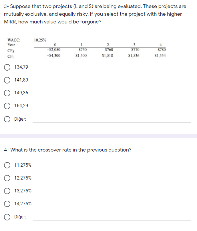  3- Suppose that two projects (L and S) are being evaluated.