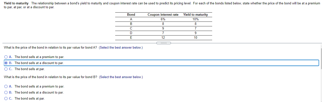 Yield to maturity The relationship between a bond's yield to maturity