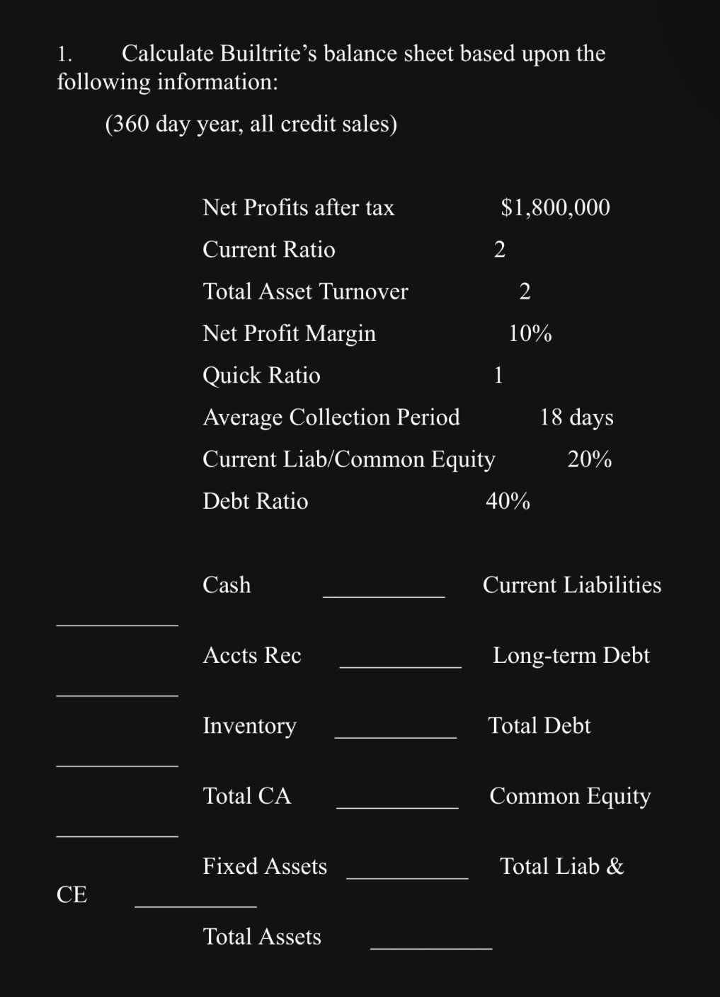  Please add where each answer should go. Calculate Builtrite's balance sheet