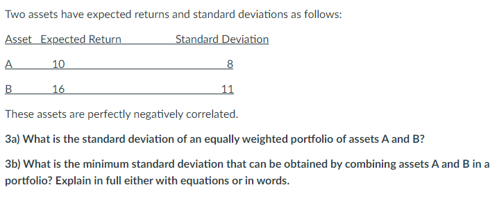 Two assets have expected returns and standard deviations as follows: Asset