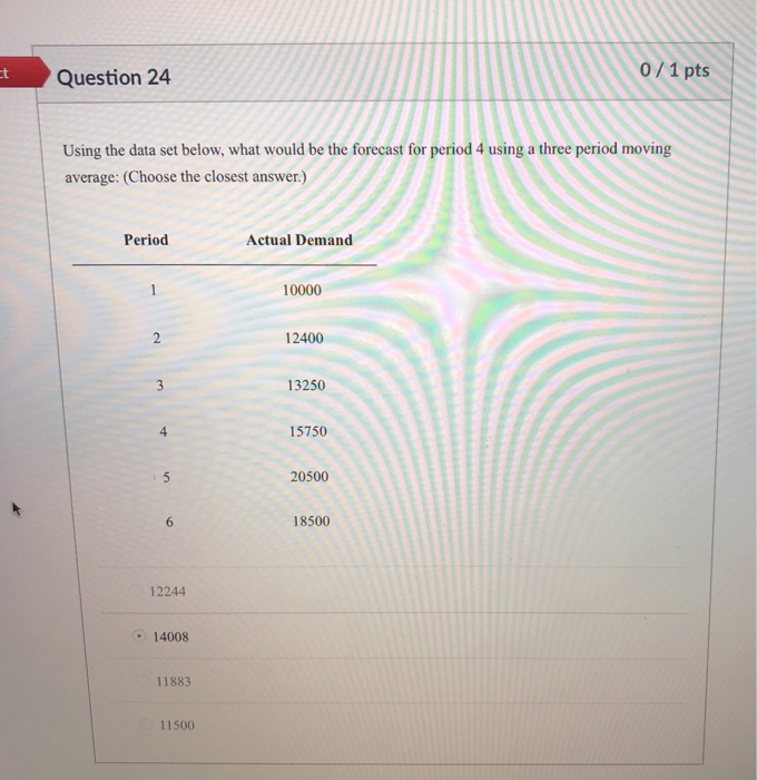  Question 24 0/1 pts Using the data set below, what would