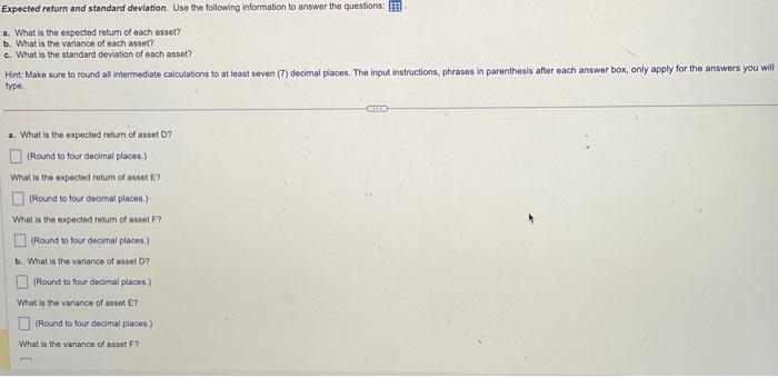  Expected return and standard deviation. Use the following information to answer