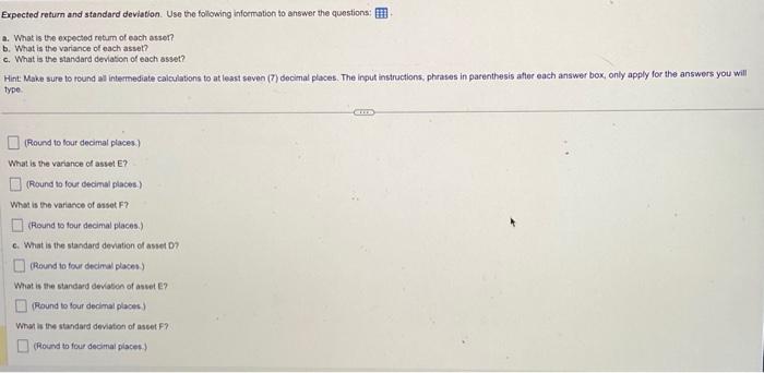 the questions: a. What is the expected retum of each asser? b.