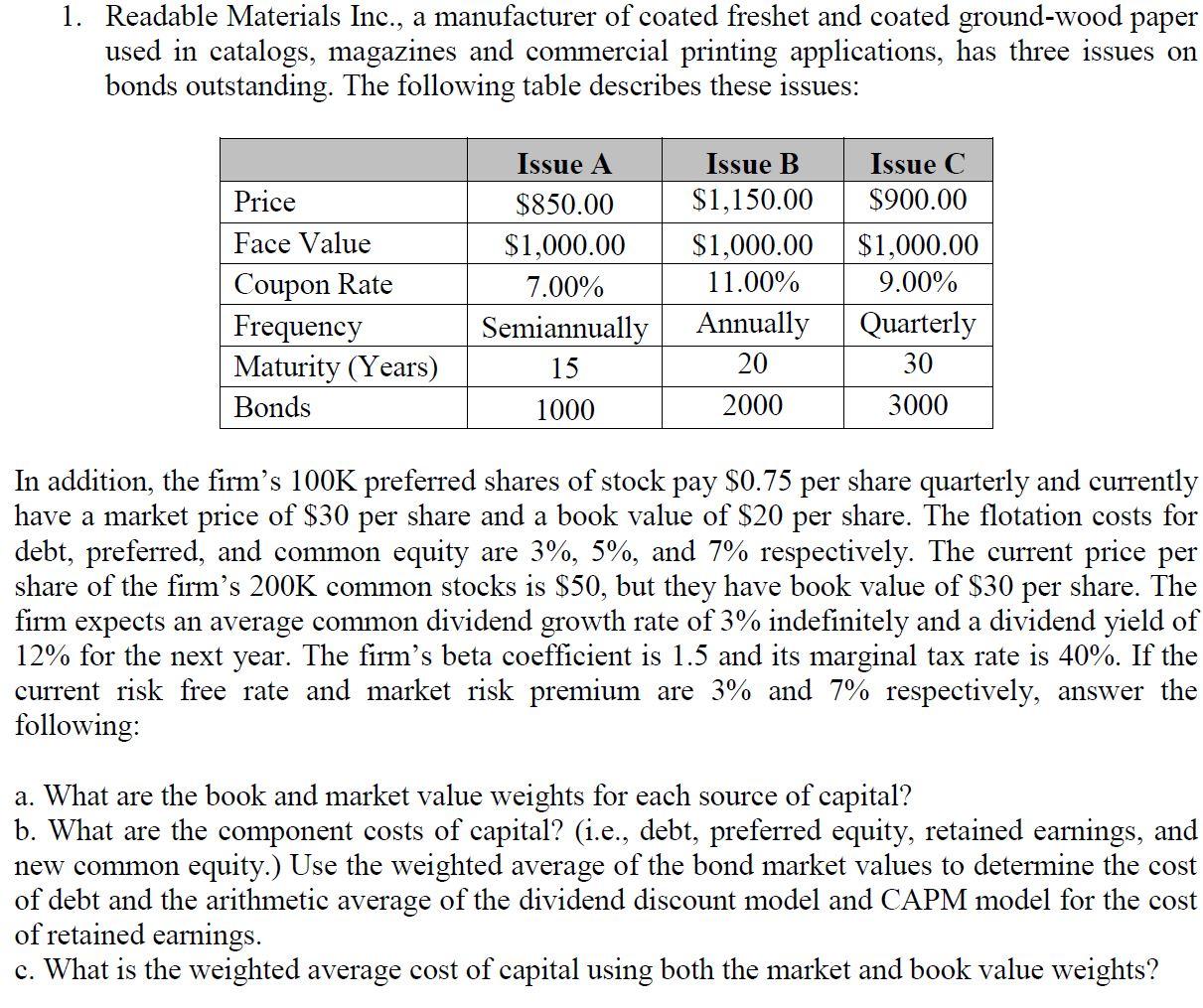 Please show work using Excel. Thank you. 1. Readable Materials Inc., a