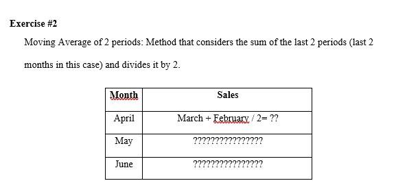  Exercise #2 Moving Average of 2 periods: Method that considers the