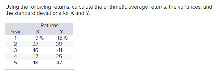  Find the following: A) Calculate the arithmetic average return for X