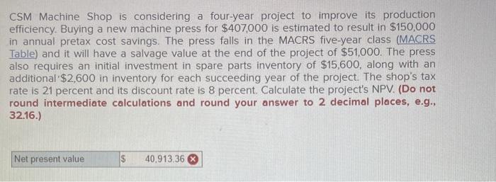 stuck on problem CSM Machine Shop is considering a four-year project to