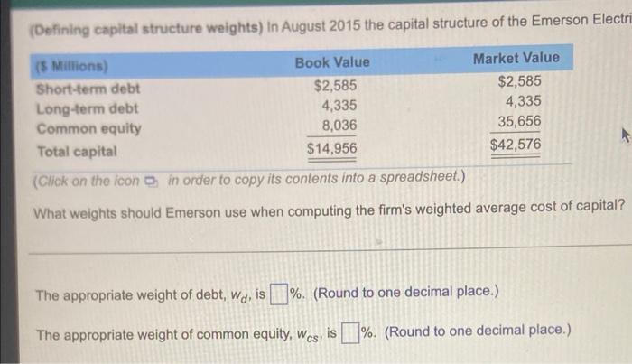  (Defining capital structure weights) in August 2015 the capital structure of