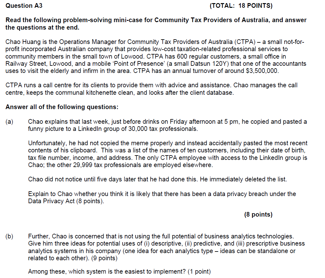 Question A3 (TOTAL: 18 POINTS) Read the following problem-solving mini-case for