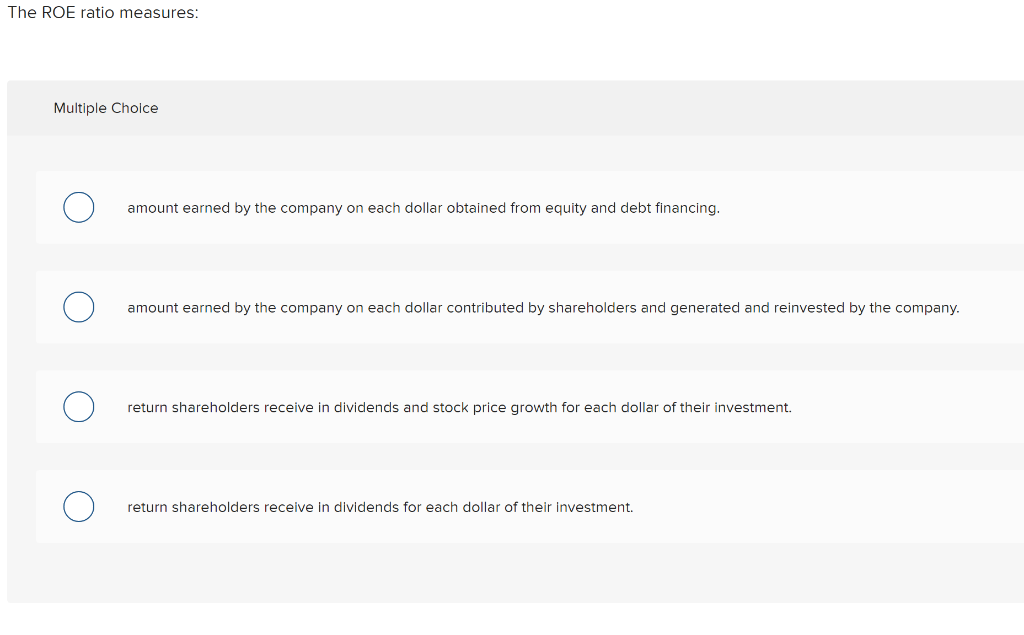 The ROE ratio measures: Multiple Choice amount earned by the company