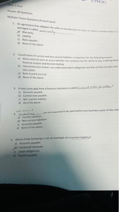 761 Time: 1 hour Answer All Questions Multiple Choice Questions (4