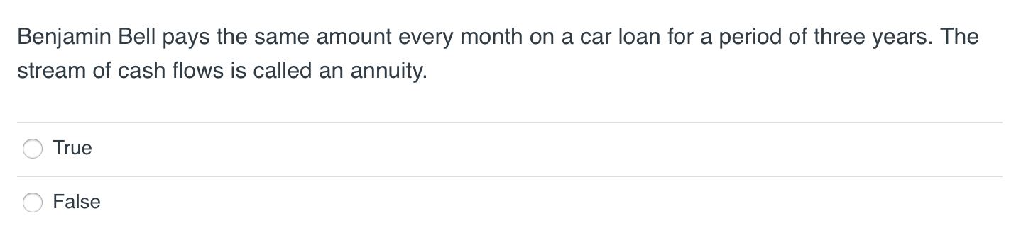 1: Benjamin Bell pays the same amount every month on a car