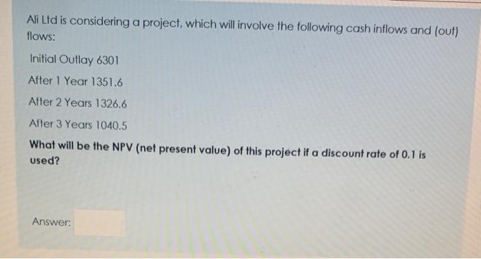  Ali Ltd is considering a project, which will involve the following