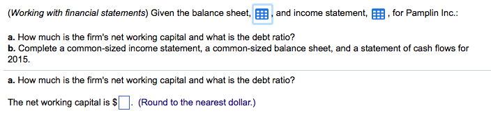 Working with financial statements) Given the balance sheet, , and income