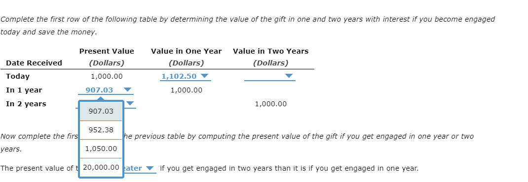 values of this gift, depending on when you become engaged. Complete the