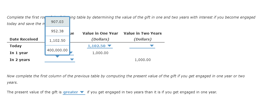first row of the following table by determining the value of the
